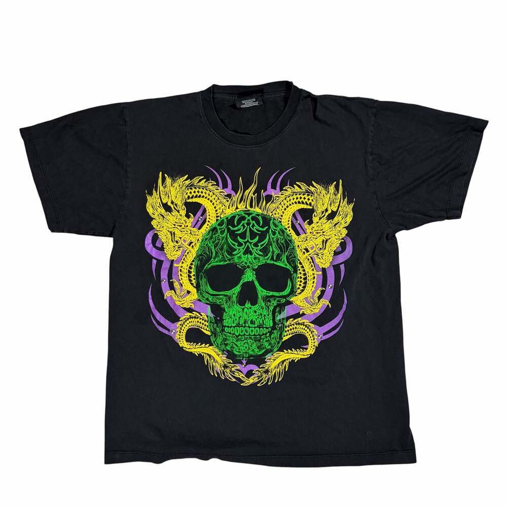 Mens Y2K Rock Chang Skull and Dragon 3D Graphic T-Shirt Large